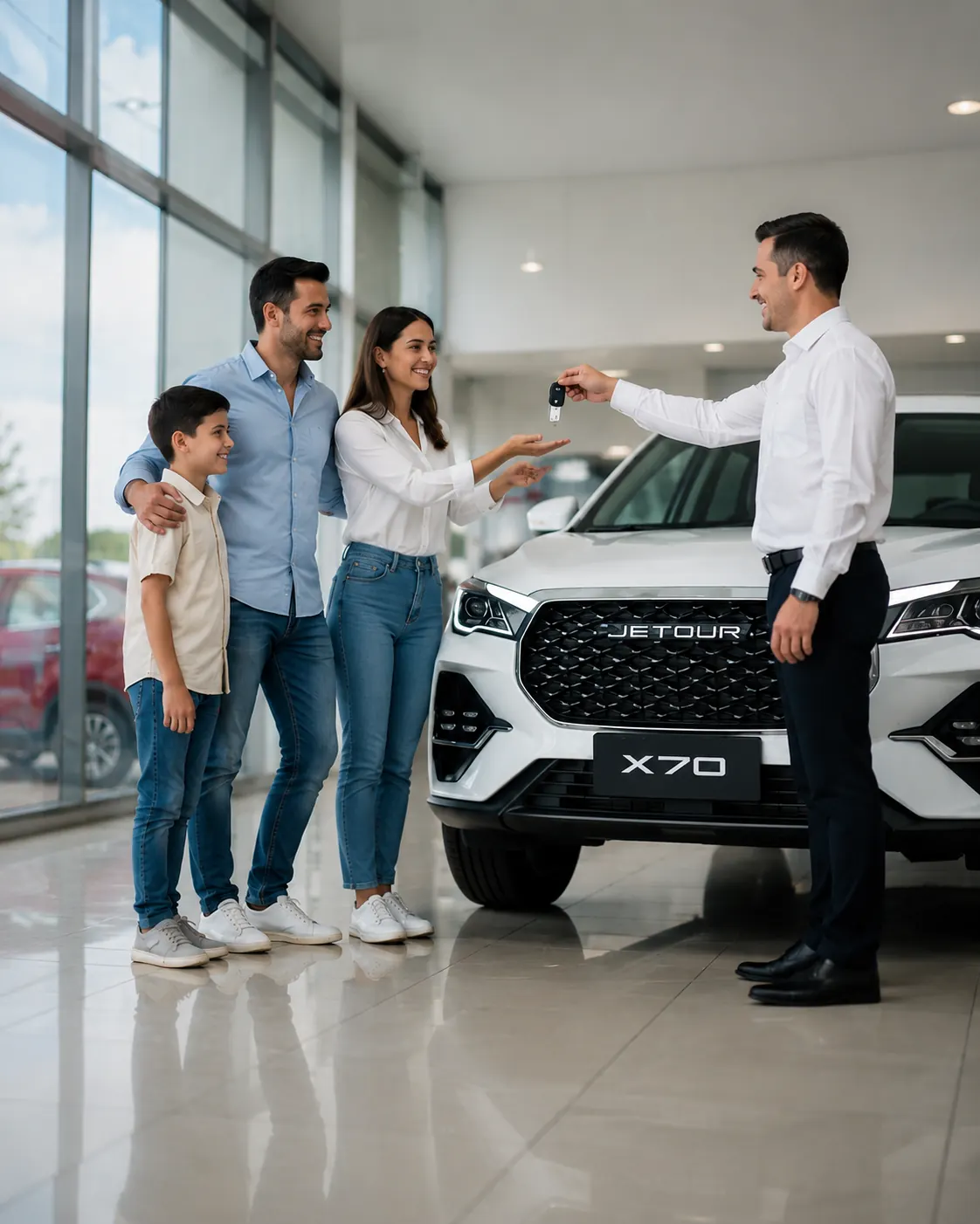 Familia recibiendo las llaves de su auto en el showroom de Crediauto